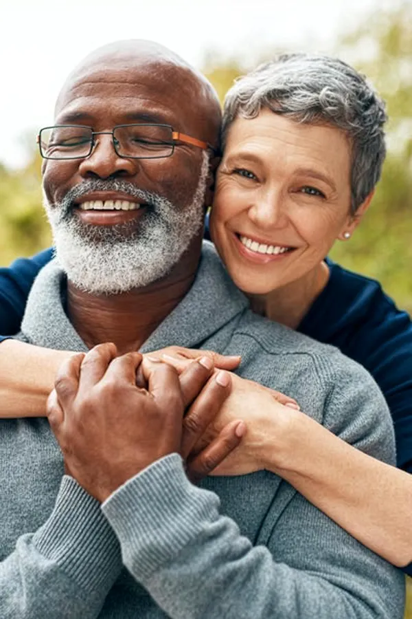 A middle-aged black man and white woman embrace outside. Get Hormonal and Vitality Peptide Treatment from Morgan Burns, APRN in New Smyrna Beach.