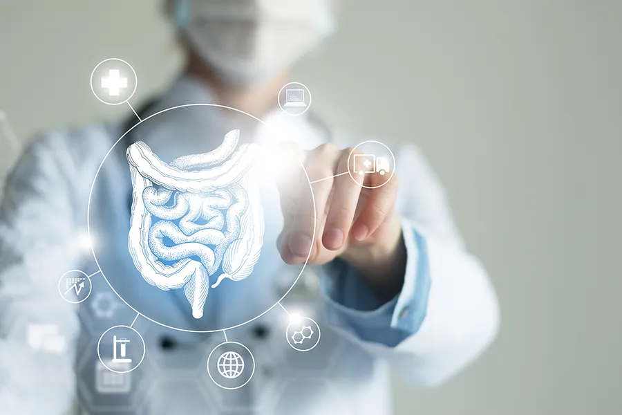 Morgan Burns, APRN provides advanced Functional Medicine for Leaky Gut Syndrome treatments in New Smyrna Beach, shown by a doctor touching a glowing digital intestinal health display.