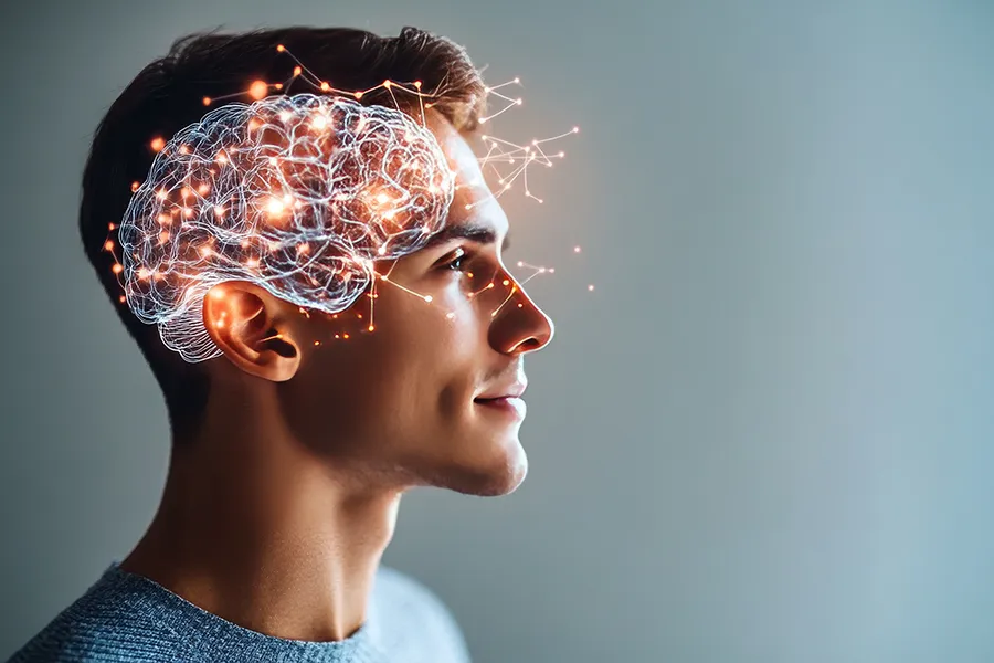 A man with a 3D illustration of the brain and neural pathways super-imposed. Get Neuro-Longevity Peptides treatment from Morgan Burns, APRN in New Smyrna Beach.