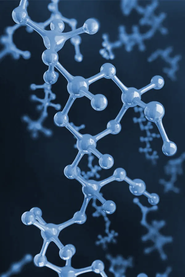 Molecular structure in blue tones. Get Sex Hormone Binding Globulin (SHGB) blood testing from Morgan Burns, APRN in New Smyrna Beach.