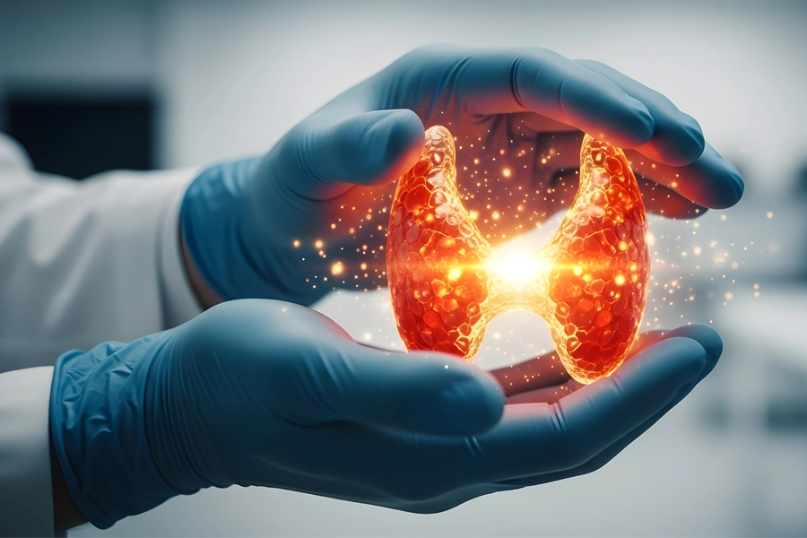 A clinican in a lab holds a 3D illustration of the thyroid. Schedule thryoid testing from Morgan Burns, APRN in New Smyrna Beach.