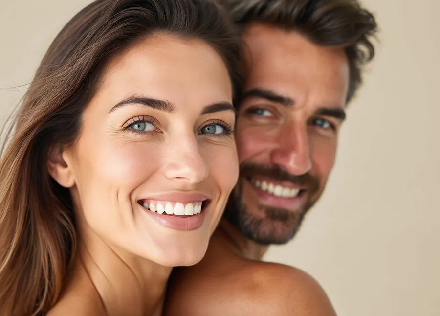A healthy adult couple with glowing skin. Get aesthetic and cosmetic services from Brandi Terra, NP at Oak & Stone Wellness in San Diego.