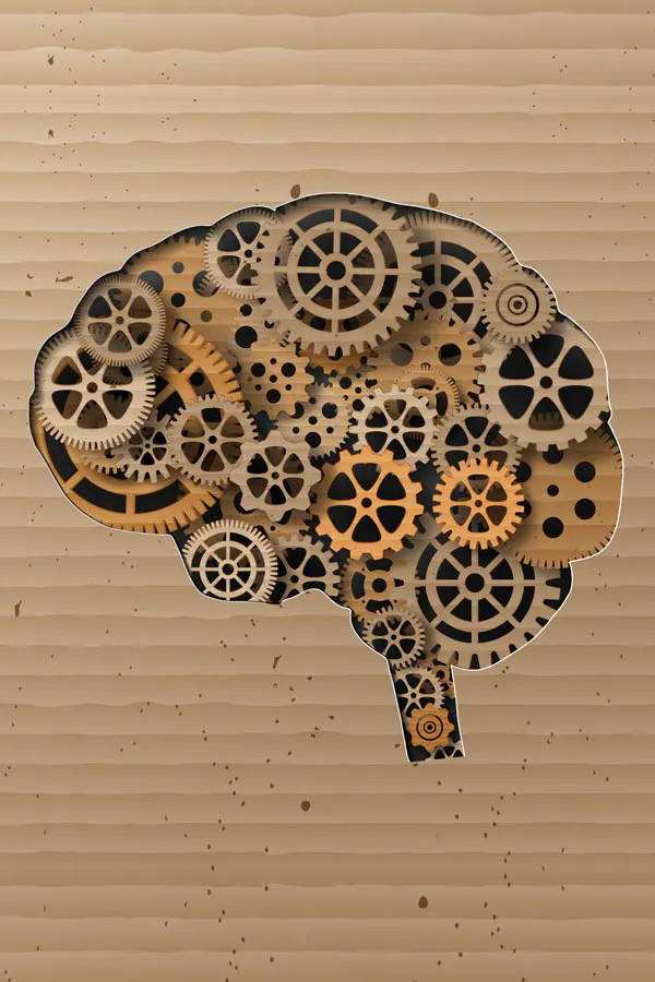 Stylized image of a brain made of gears, representing the cognitive restoration offered through brain fog treatments by Brandi Terra, NP at Oak & Stone Wellness in San Diego.
