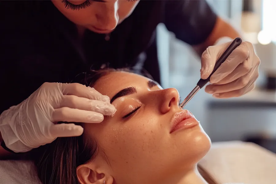 A woman receives dermaplaning treatment. Get Dermaplaning treatment from Brandi Terra, NP at Oak & Stone Wellness in San Diego.