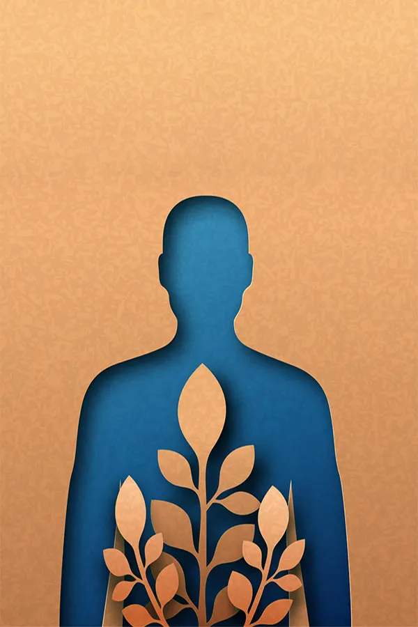 A human body shape cut out of cardboard with blue paper underneath and cardboard leaves on top, symbolizing functional medicine treatment from Brandi Terra, NP at Oak & Stone Wellness in San Diego.