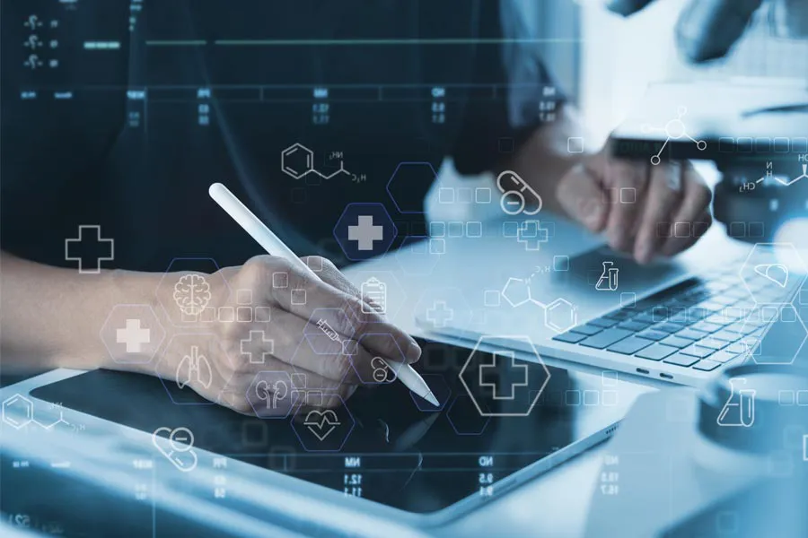 Close-up of a medical professional using a laptop and tablet, with illustrated medical symbols overlayed on the image, symbolizing health conditions treated by Brandi Terra, NP at Oak & Stone Wellness in San Diego.