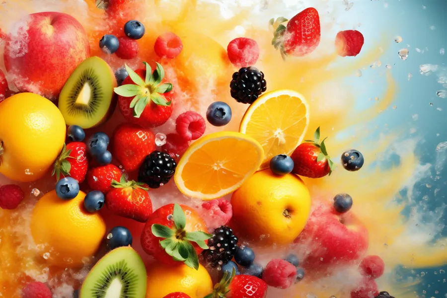Illustration of vitamin infused fruits bursting. Schedule High Dose Vitamin C IV treatment from Brandi Terra, NP at Oak & Stone Wellness in San Diego.