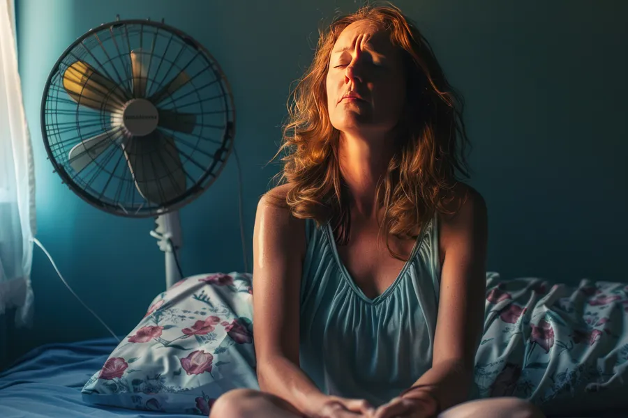 A middle-aged red-haired woman sits in bed sweating with a fan behind her, unable to sleep. Get treatment for hot flashes and night sweats from Brandi Terra, NP at Oak & Stone Wellness in San Diego.
