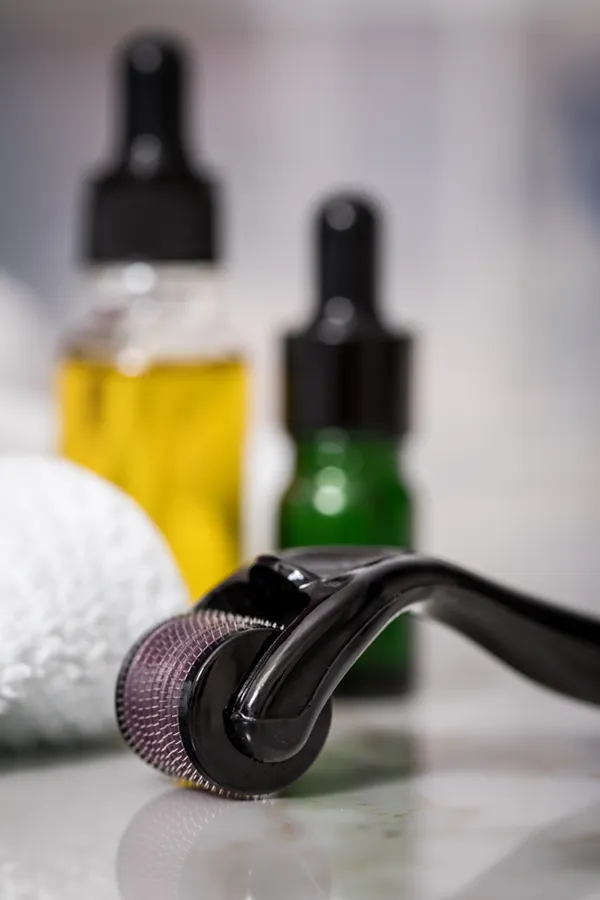Close up of oils, a towel, and a microneedling tool used by Brandi Terra, NP at Oak & Stone Wellness in San Diego.