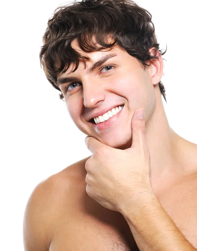 A man's face, clear of acne scars. Get Radiofrequency Microneedling for Acne Scars Treatment from Brandi Terra, NP at Oak & Stone Wellness in San Diego.