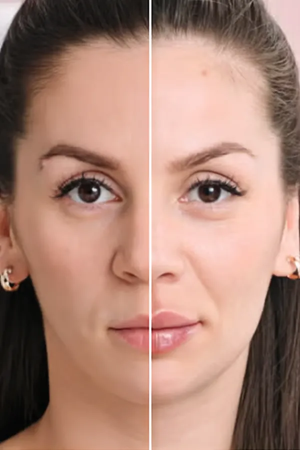 A before and after image of Resylane fillers. Get Restylane fillers from Brandi Terra, NP at Oak & Stone Wellness in San Diego.
